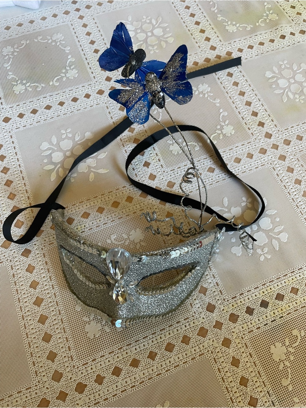 Silver Glitter Masquerade Eye Mask with Blue Butterfly Accent